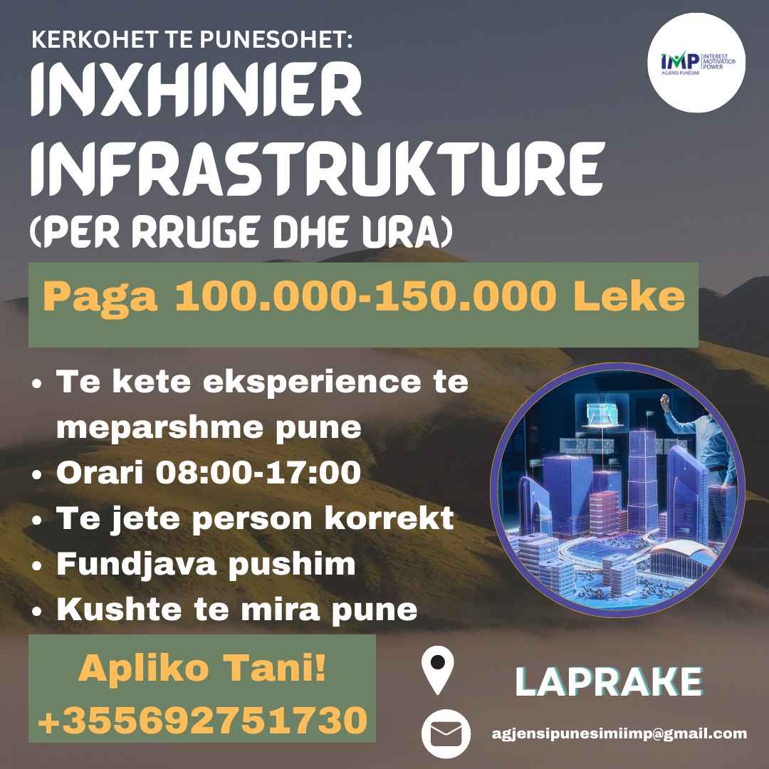 KERKOHET TE PUNESOHET INXHINIER INFRASTRUKTURE, PAGA 150.000-200.000 LEKE, LAPRAKE